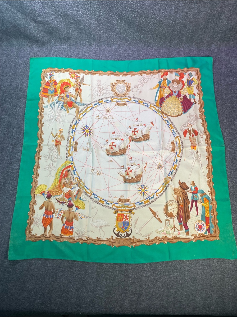 Gucci Vintage Columbus Nautical Ships Silk Scarf Americas Indigenous Faded Used